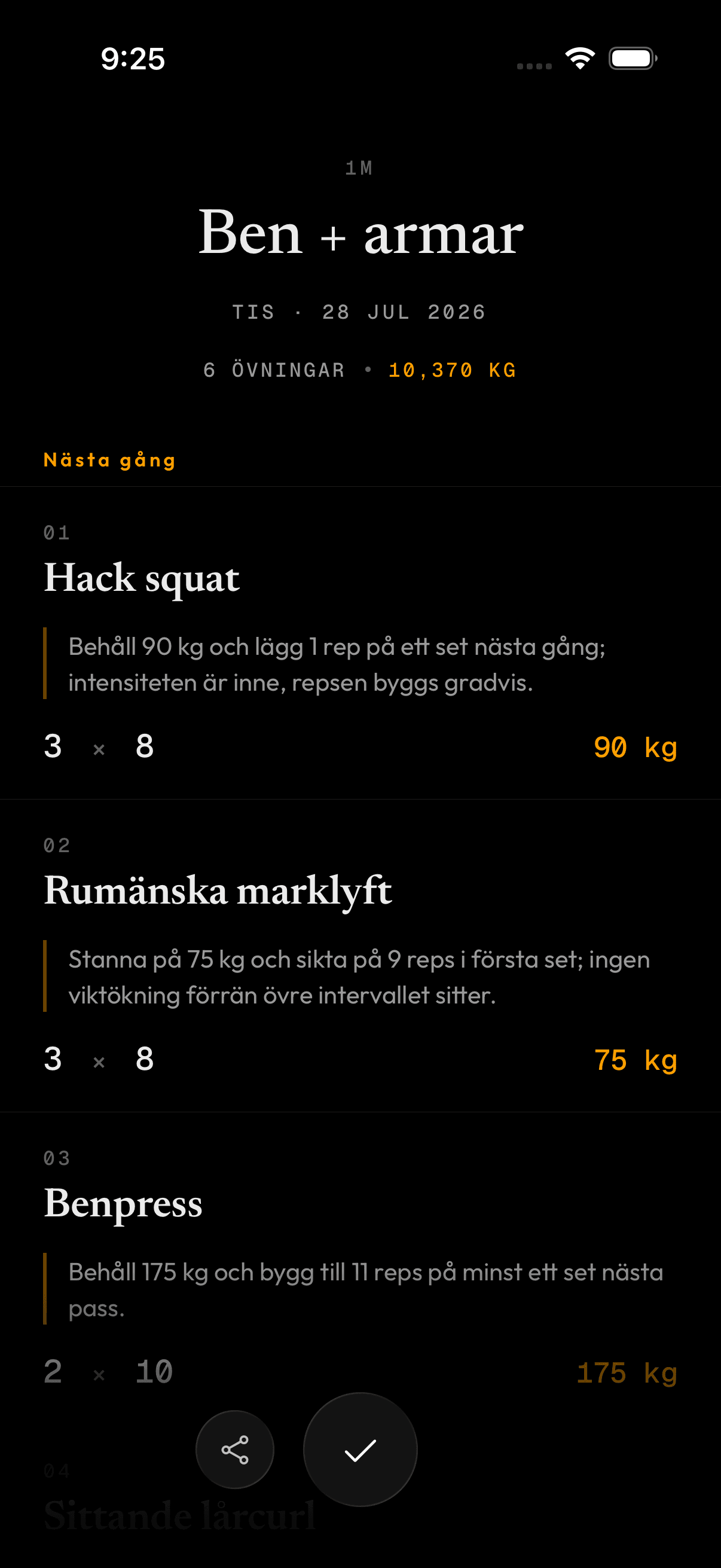 Ett avslutat pass i gymply: varje övning har en instruktion till nästa gång, till exempel att behålla 90 kg och lägga på ett rep
